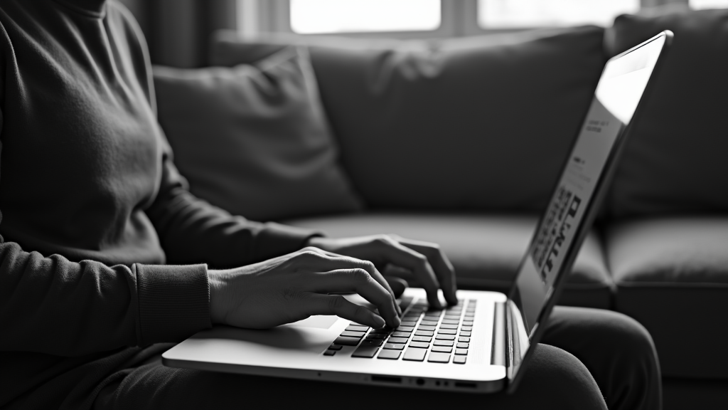 A person in a casual outfit sits on a sofa, intensely typing on an open laptop with a blurred background.