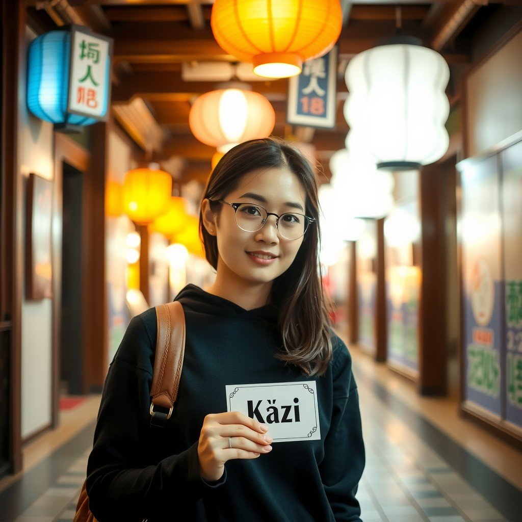 A young woman holds a sign saying 'Käzi' while standing in a lantern-lit hallway.