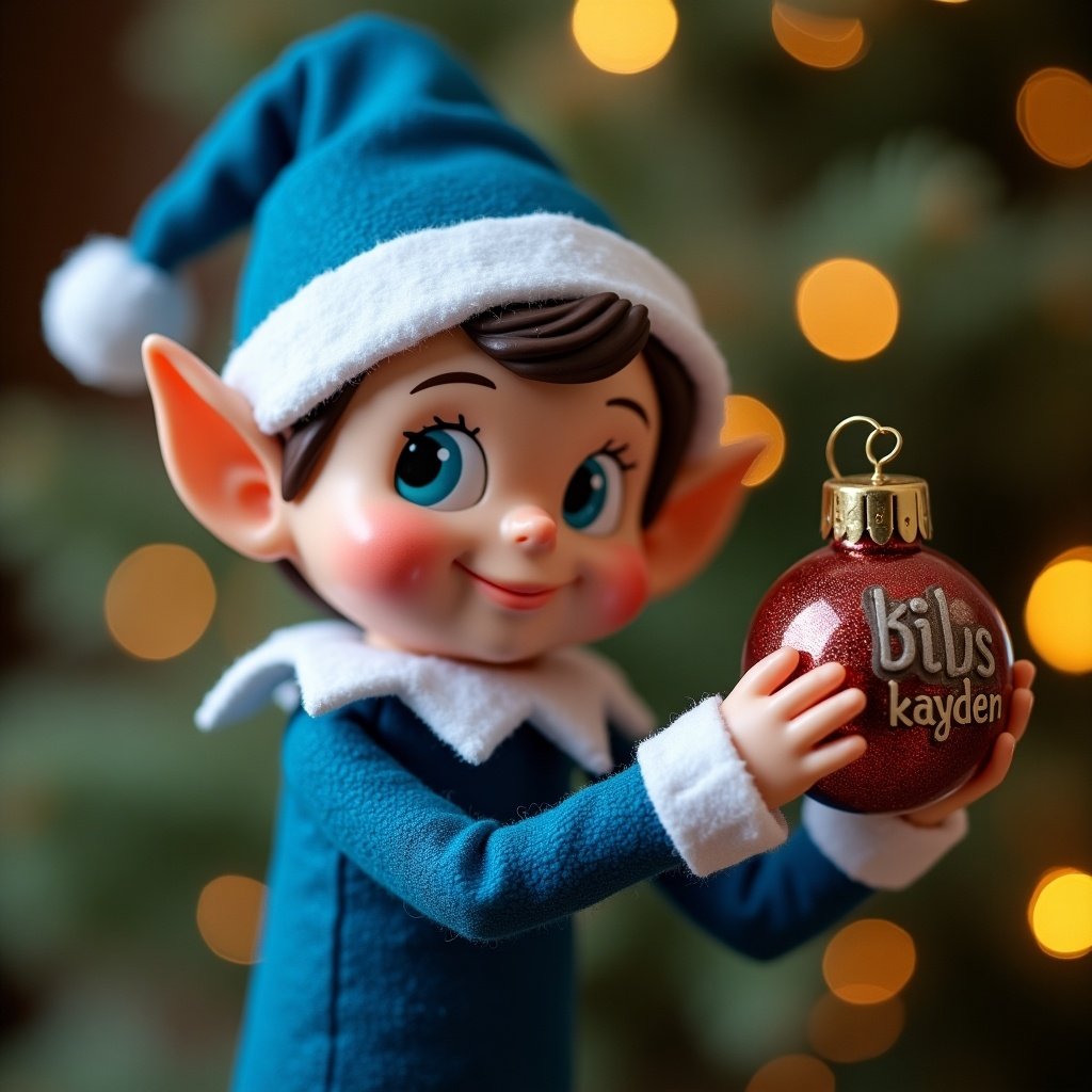 This image features a charming Christmas elf dressed in a blue outfit, complete with a classic elf hat. The elf is joyfully holding a shiny red bauble, which has the name ‘kayden’ printed on it. The background is softly blurred with festive bokeh lights, enhancing the holiday spirit. The elf's bright blue eyes and rosy cheeks bring a cheerful expression to the scene. This would make a perfect illustration for holiday marketing or family greeting cards, celebrating the joy of Christmas.