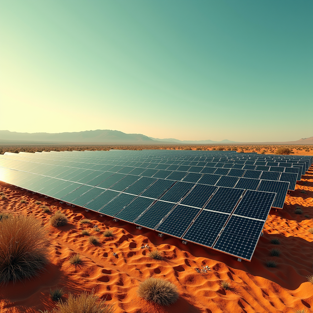 Solar panels stretch across a sunlit desert landscape, showcasing renewable energy innovation.