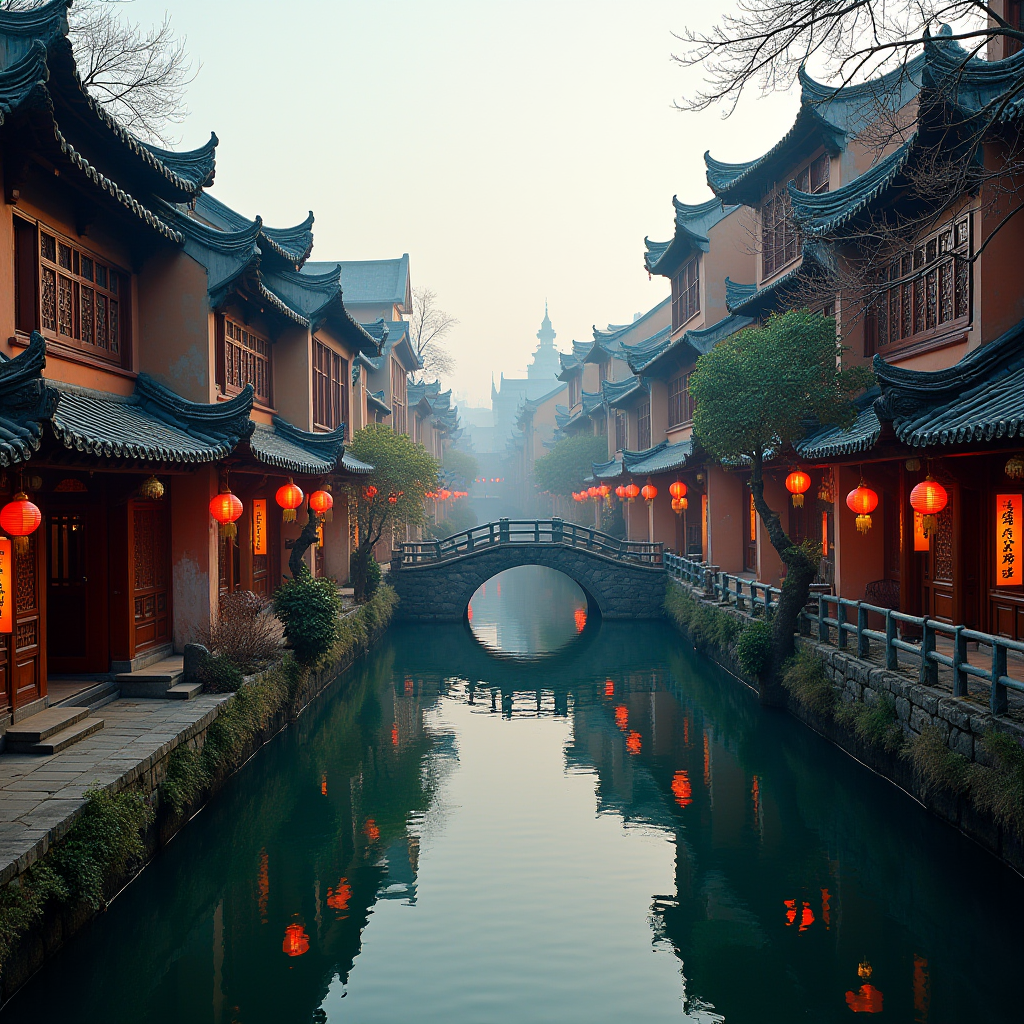 A tranquil canal scene with traditional architecture and red lanterns reflecting in the water.