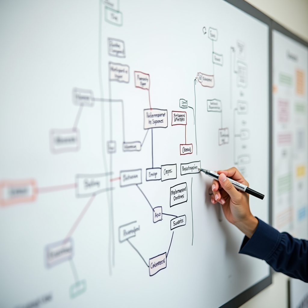 A person writing on a whiteboard diagram filled with various connected terms and boxes, possibly outlining a strategic plan.