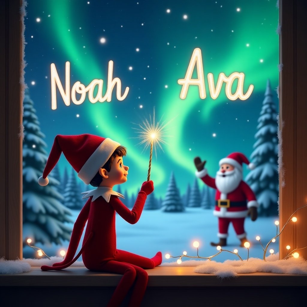 The scene features an elf sitting by a window during Christmas. The elf, wearing a red outfit and a pointy hat, is facing the sky and using a wand to write the names 'Noah' and 'Ava' in glowing letters. Behind the elf, the night sky is alive with colorful northern lights. In the background, Santa Claus is visible, creating a festive atmosphere. The window is adorned with soft snow and twinkling lights, enhancing the holiday spirit.