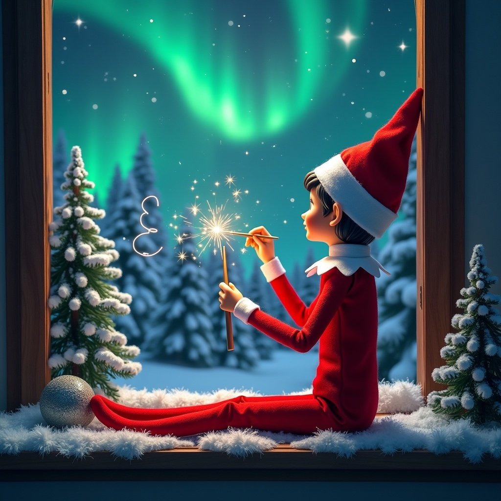 The image features an adorable elf on the shelf sitting on a window ledge, with his back turned to the viewer. He is using a magical wand to create twinkling sparks while looking up at a stunning display of northern lights. The background is set in a winter wonderland, filled with snow-covered pine trees, conjuring a festive holiday feel. Dressed in a vibrant red outfit with white trim, the elf embodies the Christmas spirit. The scene is illuminated by the enchanting colors of the aurora borealis, enhancing the magical ambiance.