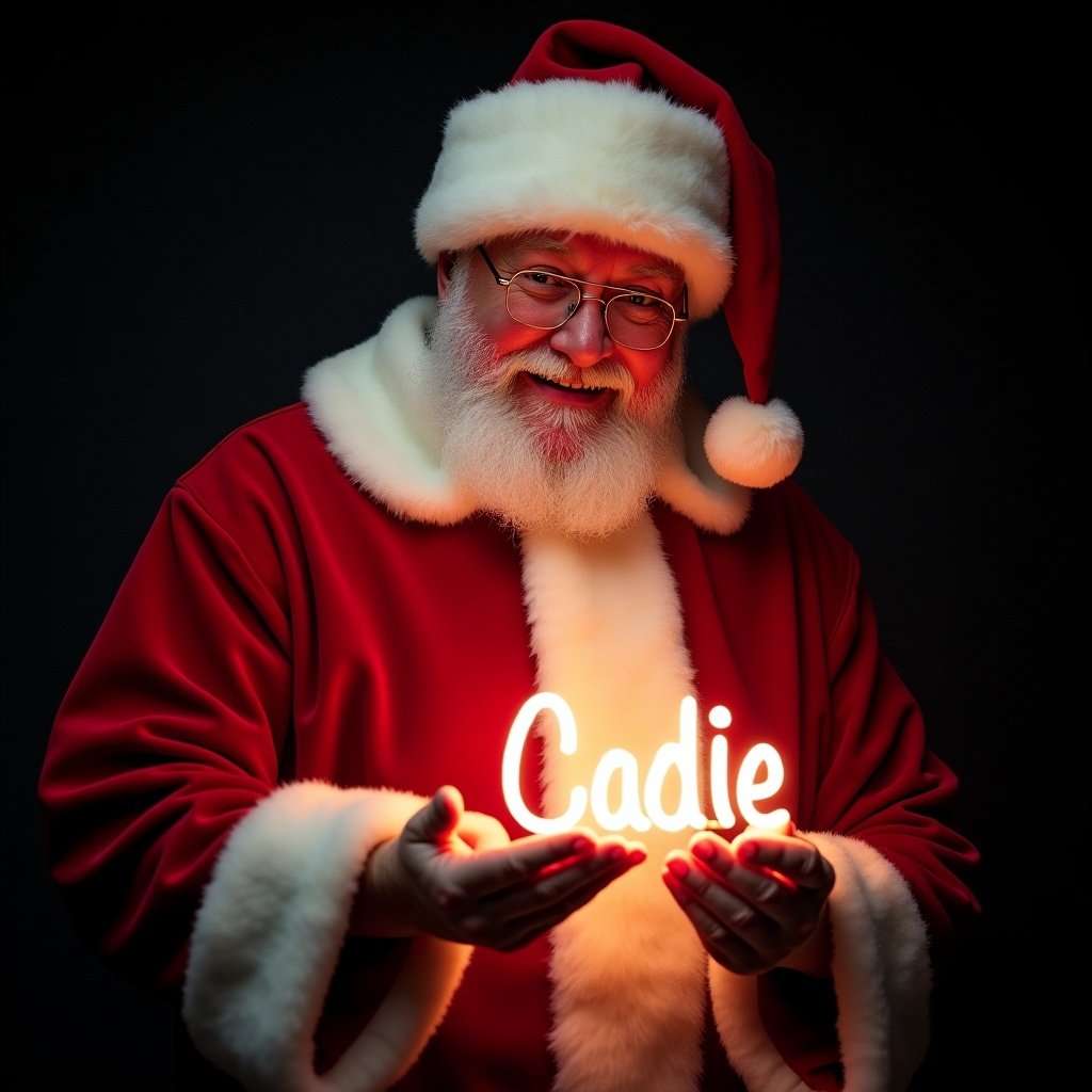 This image features Santa Claus wearing his iconic red suit lined with white fur. He is joyfully holding a glowing sign that spells out the name 'Cadie' in bright light. Santa's expression radiates warmth and cheer, perfectly capturing the festive spirit of the holiday season. The dark background accentuates the glow of the text, making it the main highlight of the image. This enchanting scene embodies the magic of Christmas and the joyfulness that accompanies it.