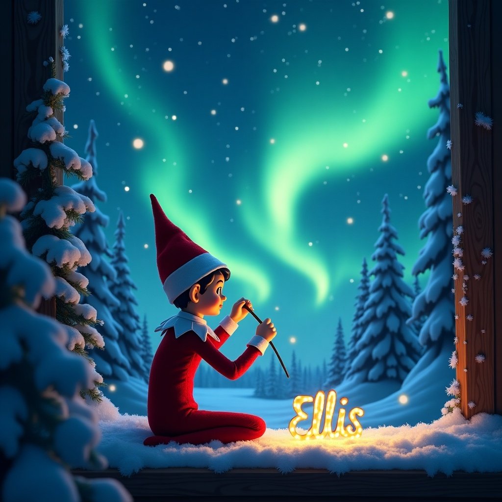 A whimsical scene featuring an Elf on the Shelf character kneeling in the snow. The elf is using a magic wand to write the name 'Ellis' in the air. In the background, stunning northern lights illuminate the night sky with shades of green and blue. Snow-covered trees surround the elf, enhancing the winter wonderland atmosphere. The scene captures the essence of holiday magic and personalization, making it perfect for festive decor or children's stories.