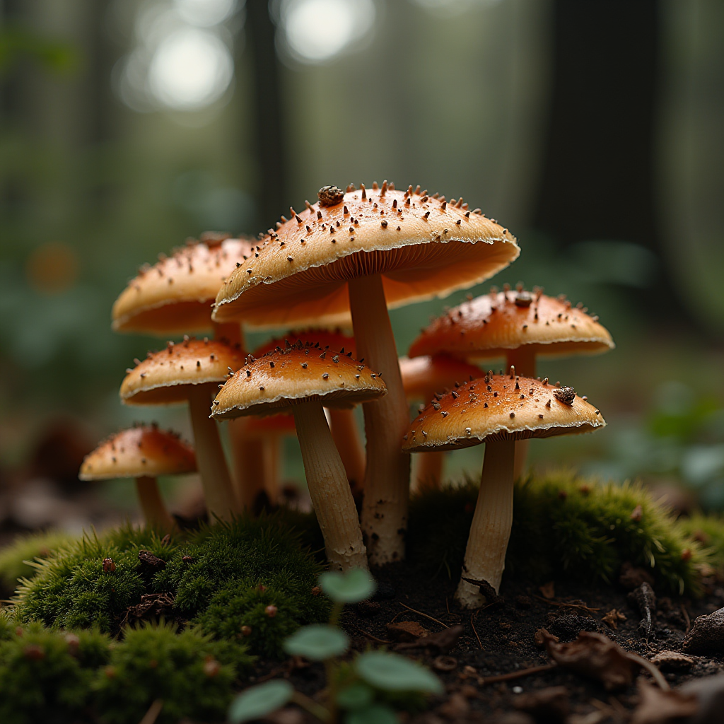 A cluster of golden-brown mushrooms grows on a bed of green moss in a forest.