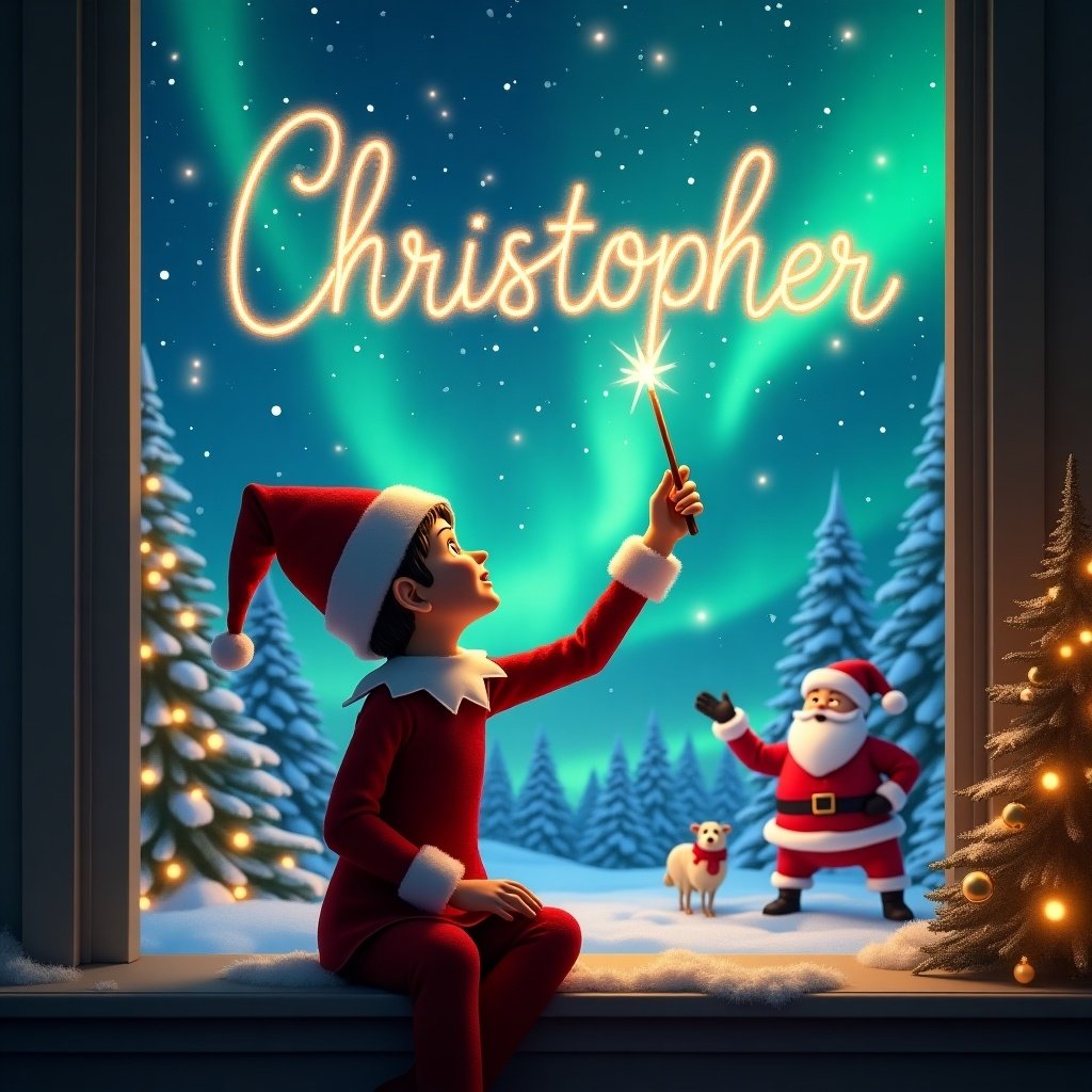 The image depicts a magical Christmas scene featuring an elf on the shelf, who is sitting with his back facing the viewer. He is casting a spell with a wand, writing the name 'Christopher' in sparkling light across the night sky. The background is filled with the stunning northern lights, creating an enchanting atmosphere. In the foreground, Santa Claus can be seen, playfully engaged with a dog, adding to the festive spirit. The scene is adorned with beautifully decorated Christmas trees, enhancing the holiday charm.