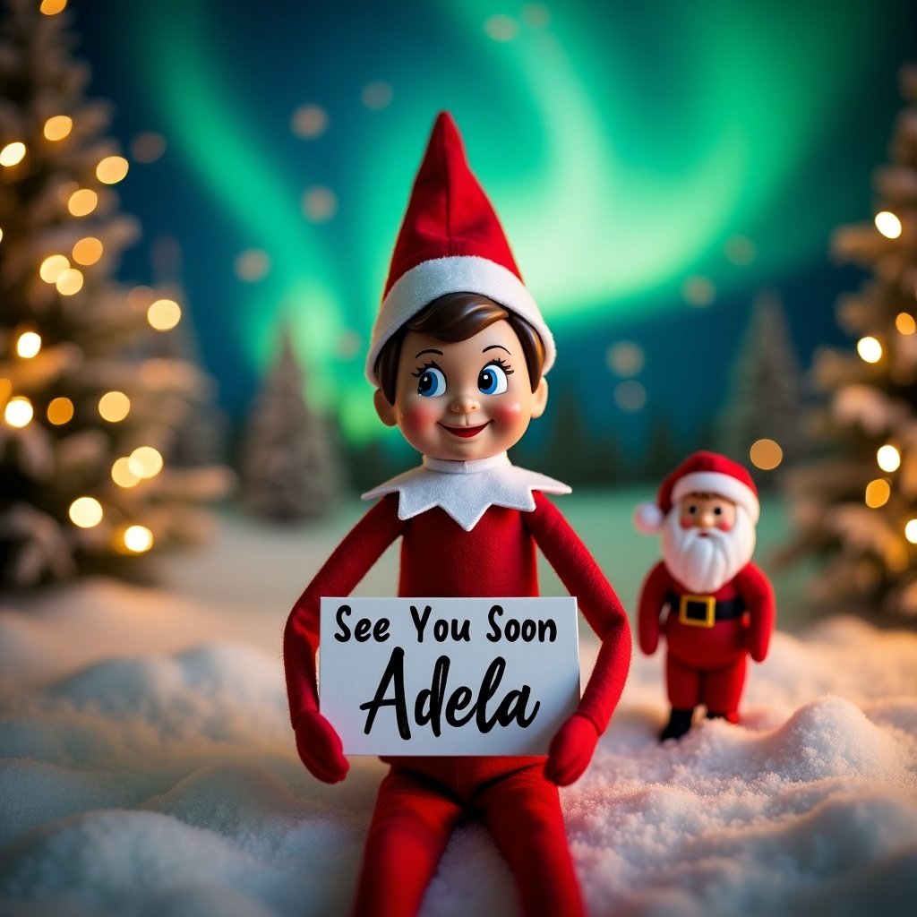 The image features an Elf on the Shelf character cheerfully holding a sign that reads 'See You Soon Adela'. The elf is dressed in traditional Christmas colors, with a festive backdrop filled with twinkling lights and snow-covered trees. In the background, magical northern lights illuminate the night sky. Alongside the elf is a friendly Santa figure, adding to the holiday charm. This scene evokes a warm and cheerful atmosphere, ideal for the Christmas season.