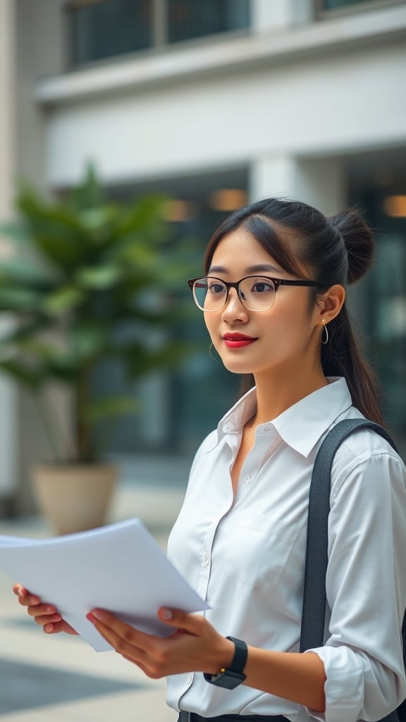 The image depicts a young professional woman in an office setting. She is wearing glasses, a white blouse, and appears to be holding some documents. A potted plant and modern architecture in the background suggest a corporate environment. Her expression is focused and determined, indicating a sense of ambition and professionalism.