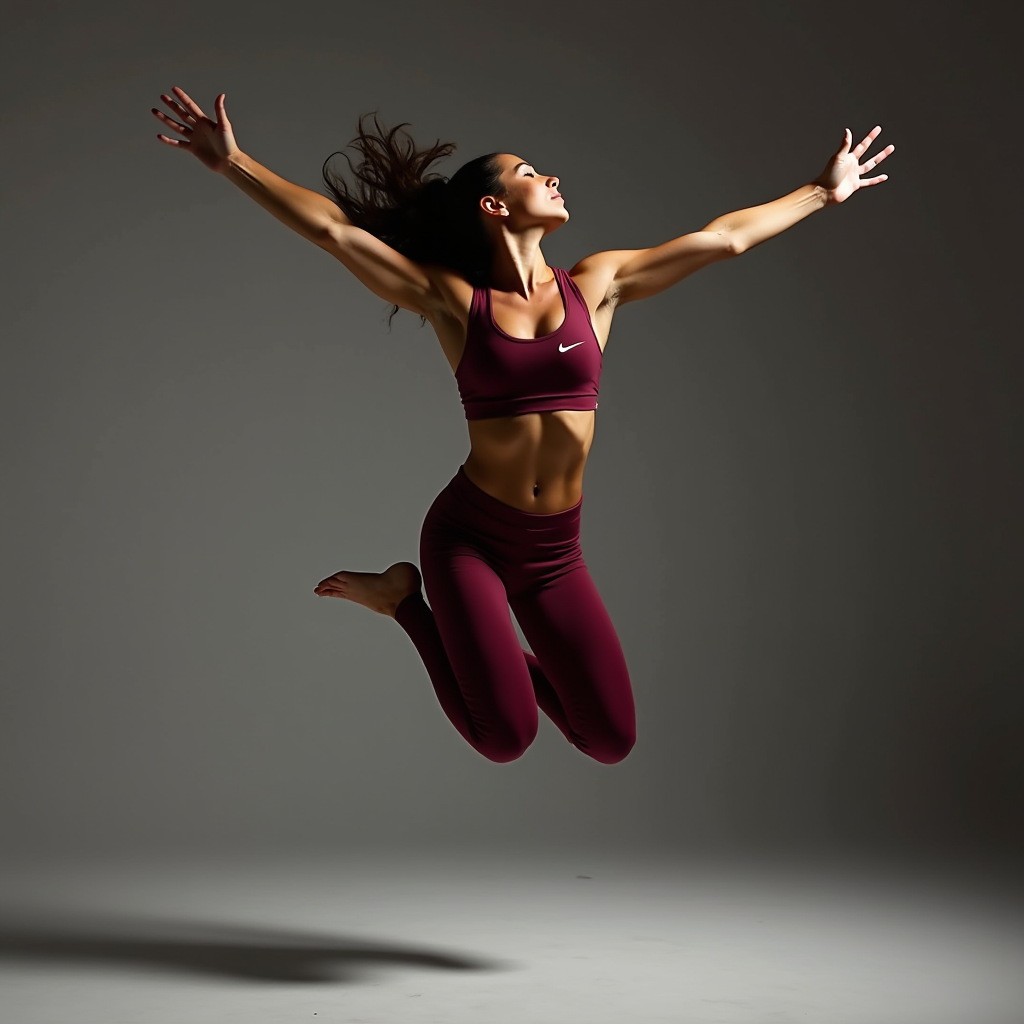 A woman in athletic wear jumps high in the air against a dark background.