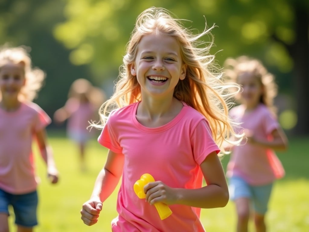 In a beautiful sunny park, a joyful girl with flowing blond hair dashes forward, wearing a bright pink t-shirt. She holds a cheerful yellow toy and beams with happiness, her laughter almost audible. The sun shines brightly, highlighting the vibrant colors of the scene. In the background, other children play, but the focus remains on her infectious joy. This moment captures the essence of carefree childhood and outdoor fun, creating a delightful and lively atmosphere.