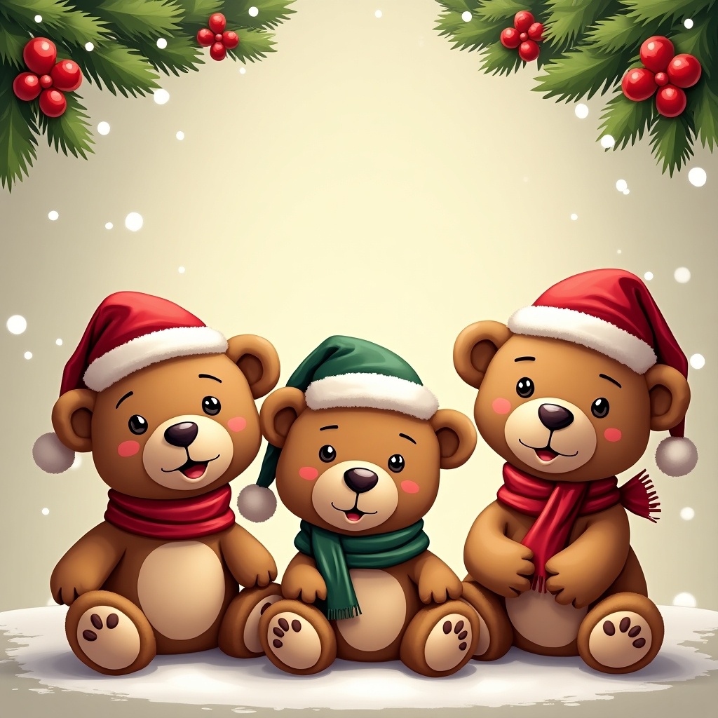 The image features three adorable teddy bears, each wearing Christmas hats—one red, one green, and another red again. They are arranged in a friendly, huddled manner, wrapped in cozy scarves. The backdrop is softly lit, creating a cheerful holiday atmosphere. Tiny snowflakes can be seen drifting down, adding a whimsical touch. Holly leaves and berries frame the top of the image, conveying a festive spirit. This charming scene is perfect for promoting a holiday-themed game called "Teddy Tombola."