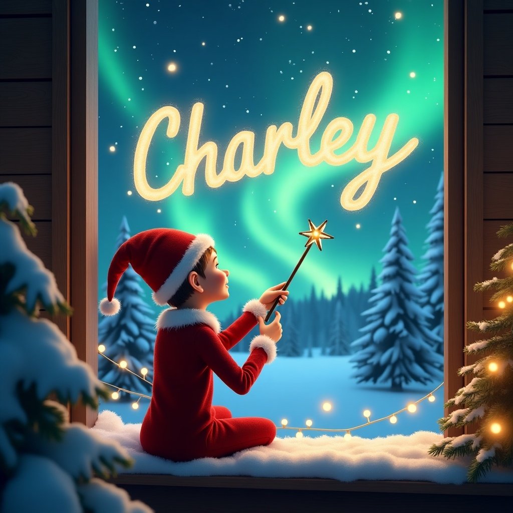 In a magical winter scene, an elf character sits on a snowy windowsill with his back to the viewer. He is using a wand to elegantly write the name ‘Charley’ in the sky, amidst a backdrop of dazzling northern lights. The atmosphere is festive and enchanting, perfect for the holiday season. The elf is wearing a classic red outfit with a white hat, captivated by the glowing letters he creates. Snow-covered trees and twinkling lights complete the cozy ambiance of Christmas.