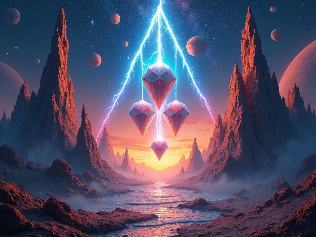 This is an artwork for a space rock album. The image features a surreal landscape with towering, jagged rock formations set against a starry cosmic background. A base-up glowing triangle illuminates the scene, surrounded by vibrant lightning bolts and planets drifting in the dark sky. In the center, shiny diamonds dangle, reflecting the otherworldly light and mirroring vanishing polyhedral images. The colors blend from deep blues to bright oranges, creating an electrifying atmosphere. The overall vibe is psychedelic and futuristic, capturing the essence of space exploration and musical energy.