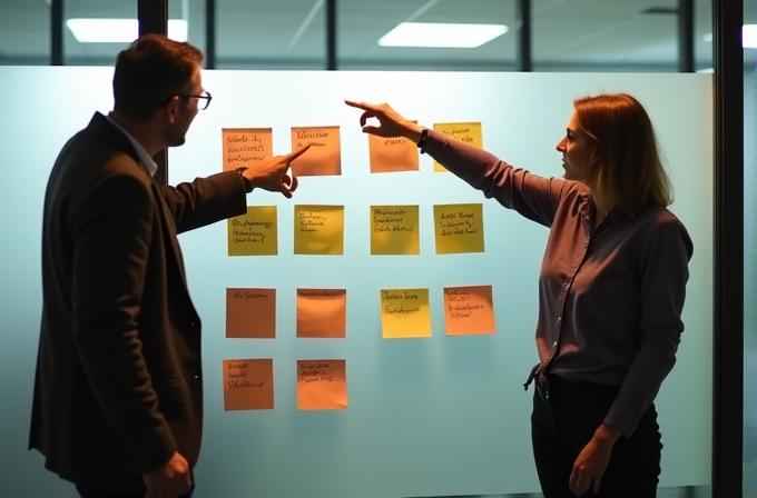 Two colleagues engaged in a discussion, pointing at sticky notes on a glass wall.