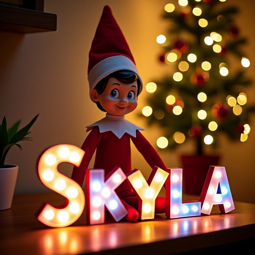 A cheerful elf on the shelf is featured in a vibrant Christmas scene. The elf is dressed in a festive red and white outfit. Joyfully, the elf writes the name 'Skyla' using colorful lit letters. In the background, there is a beautifully decorated Christmas tree and twinkling lights that enhance the holiday spirit. The warm atmosphere captures the essence of Christmas magic, making it suitable for family celebrations and personalized gifts. Additionally, the name 'Fink' is written in the air with a wand.