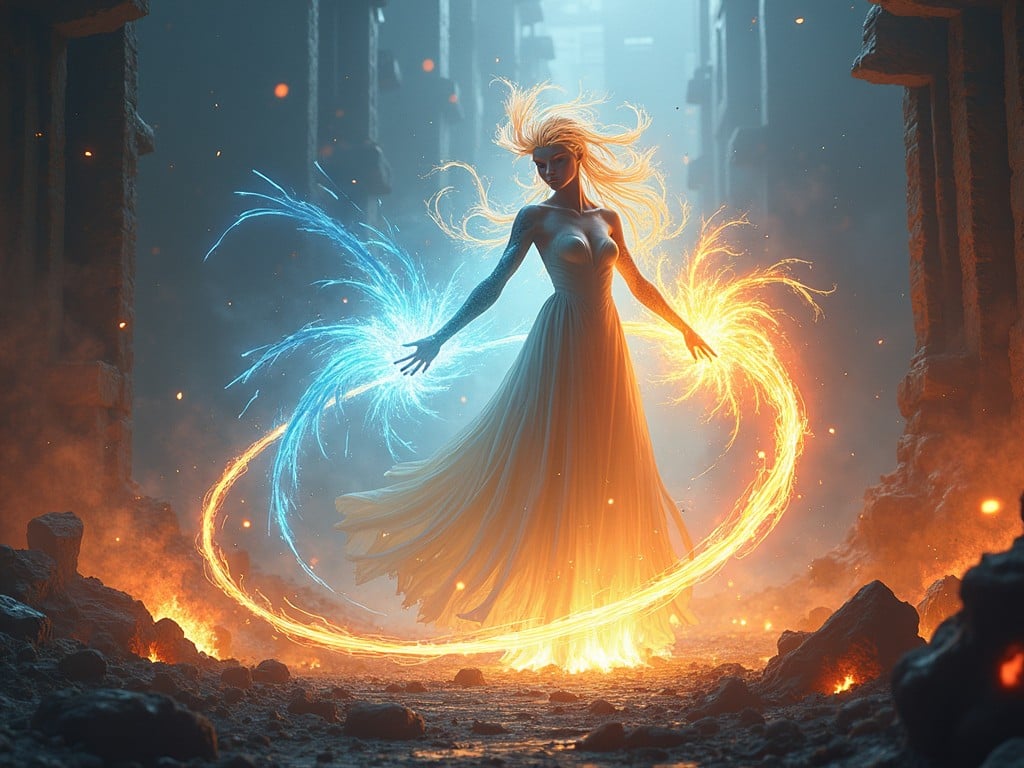 The image depicts a mystical woman standing in a fiery landscape. She is dressed in a flowing white gown that contrasts with the fiery elements surrounding her. The woman has long hair that appears to flow like flames, emphasizing her connection to fire. In her hands, she controls two swirling flames—one orange and one blue—creating a captivating dynamic. The backdrop features ancient stone structures, adding to the fantasy theme. The overall scene radiates magic and power, inviting viewers to imagine a story behind this enchanting figure.