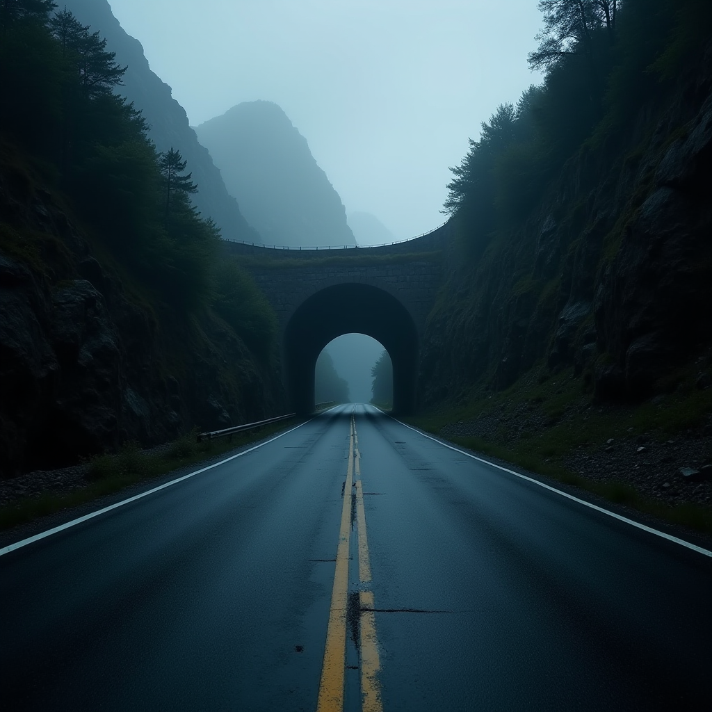 A foggy road leads to a tunnel through mountains, surrounded by trees.