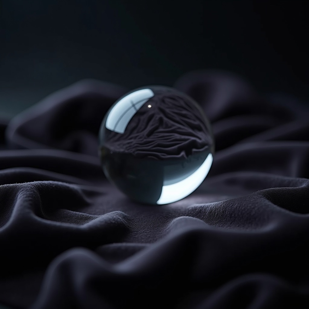 A close-up image of a glass sphere resting on luxurious black fabric, showcasing soft textures and elegant lighting.