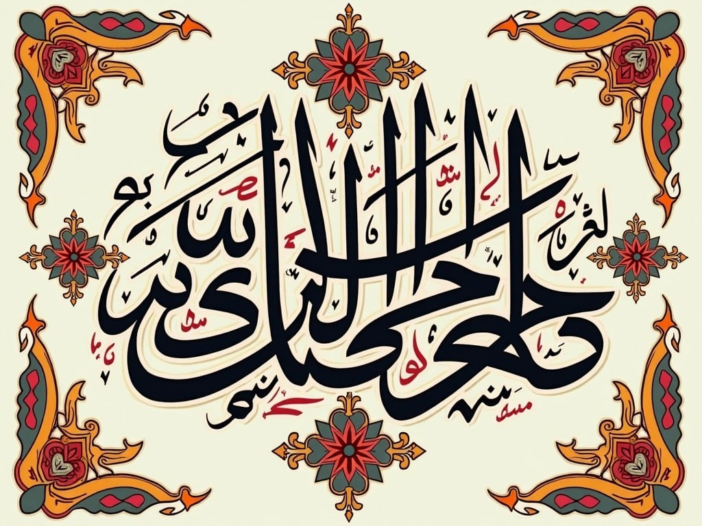 The image features intricate Arabic calligraphy showcasing a religious phrase, artistically presented within a decorative border. The black calligraphy stands out against a soft cream background, adorned with floral and geometric patterns in vibrant colors. The overall design emphasizes both elegance and cultural significance. Suitable for artistic representation of Islamic culture, this piece can be used for various purposes, from wall art to printed materials. It embodies traditional motifs, making it a beautiful addition to any setting.