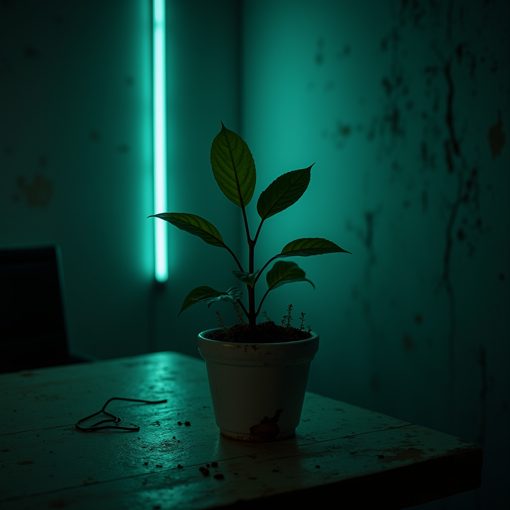 The image showcases a potted plant on a wooden table, illuminated by an ambient, teal-colored light source. The plant is positioned centrally in a simple, white pot, with a few leaves casting dramatic shadows. The surrounding environment appears minimally furnished, with a neon light fixture casting a soft glow on the wall behind, which has a slightly worn texture. The atmosphere is somewhat mysterious, evoking a sense of tranquility and seclusion. A piece of wire lies on the table, adding a touch of randomness to the scene.