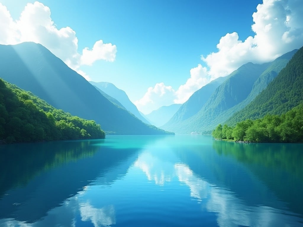 This image depicts a serene landscape featuring a calm lake bordered by mountains. The vibrant blue waters reflect the surrounding greenery and the clear blue sky. White clouds drift gently overhead, and sunlit rays illuminate the scene. It creates a peaceful and tranquil atmosphere ideal for relaxation and nature appreciation. Perfect for use in travel brochures or as a calming wall art solution.