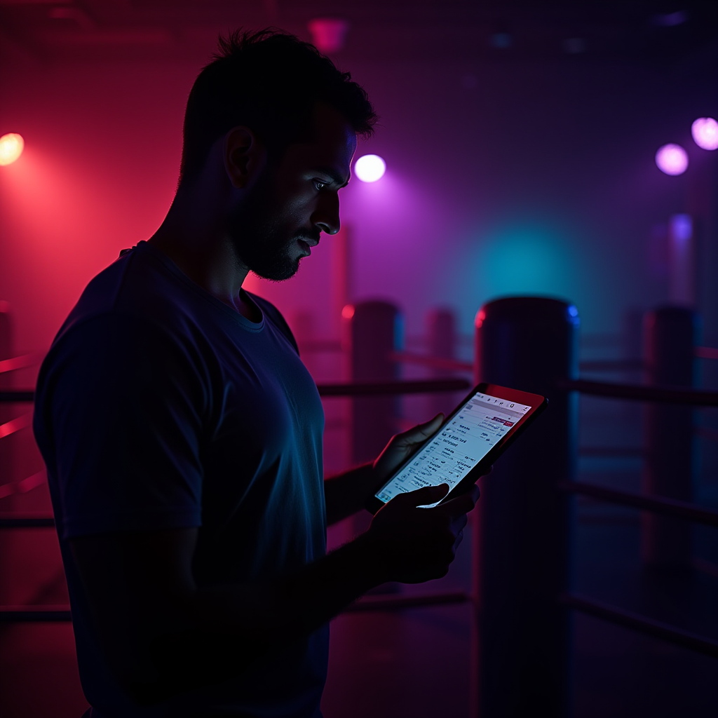 A person stands in a dimly lit boxing gym using a tablet, with vibrant neon lights casting a colorful glow.