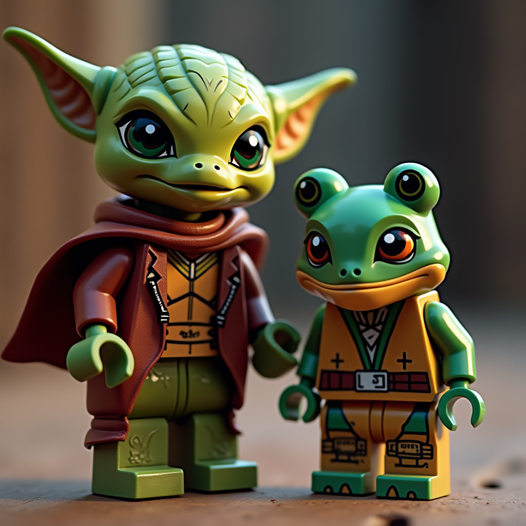 Two toy figures featuring a green alien with large ears and a frog-like character, both in detailed outfits.