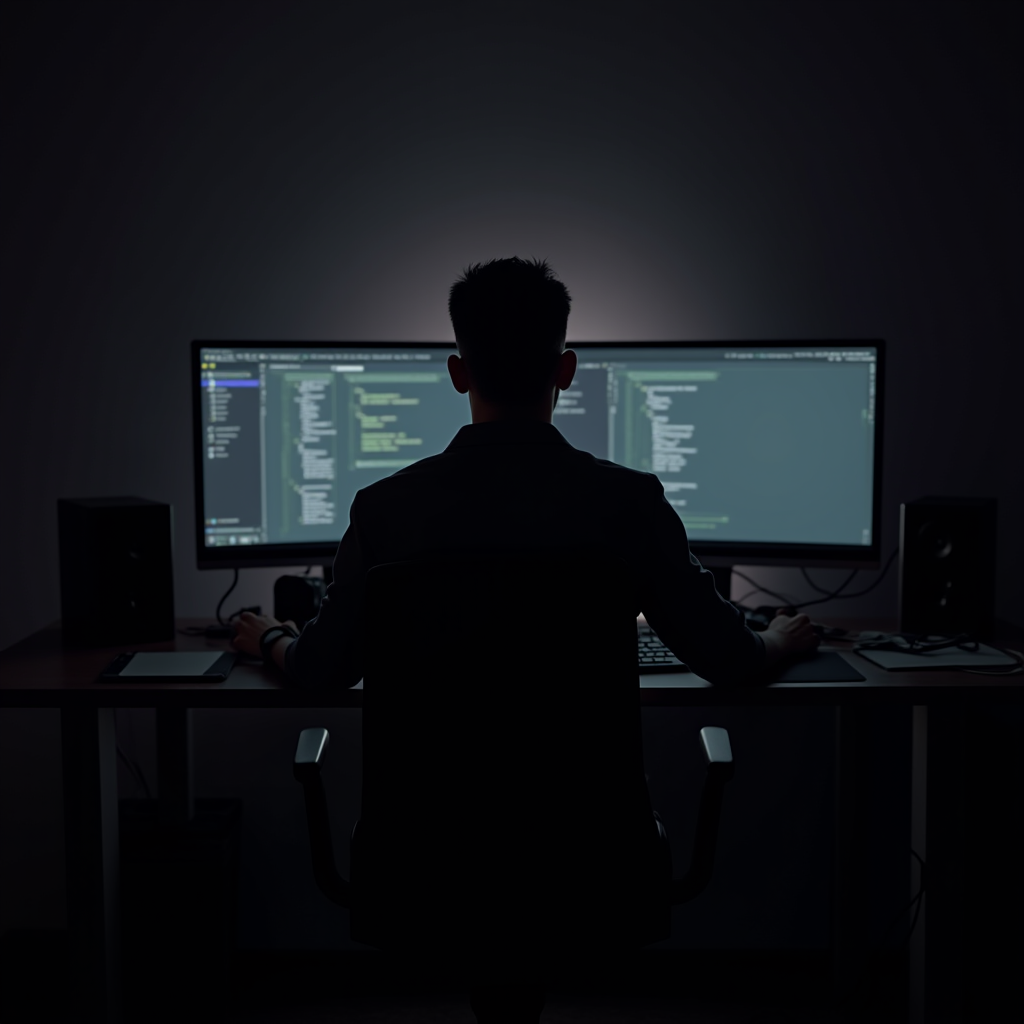 A silhouette of a person intensely coding at a dual-monitor setup in a dimly-lit room.