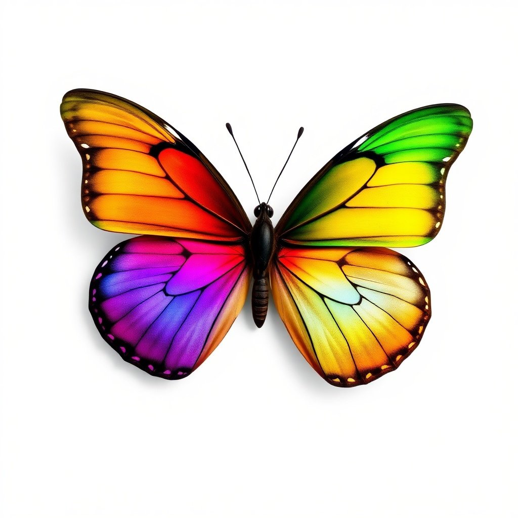 a colorful butterfly with rainbow wings on a plain white background