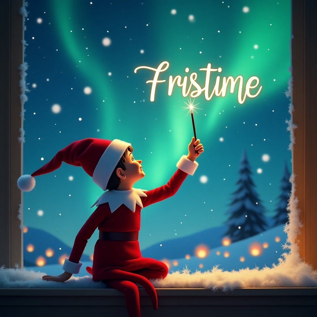 An enchanting holiday scene shows an elf on the shelf, sitting with his back to the viewer. He gazes up into a magical sky, where he uses a wand to write the name 'Fristime' in sparkling letters. The background is filled with vibrant northern lights illuminating a snowy landscape. Fluffy snow blankets the ground, and in the distance, Santa Charlie can be seen. Twinkling lights and festive decorations add to the cheerful atmosphere of this Christmas tableau.