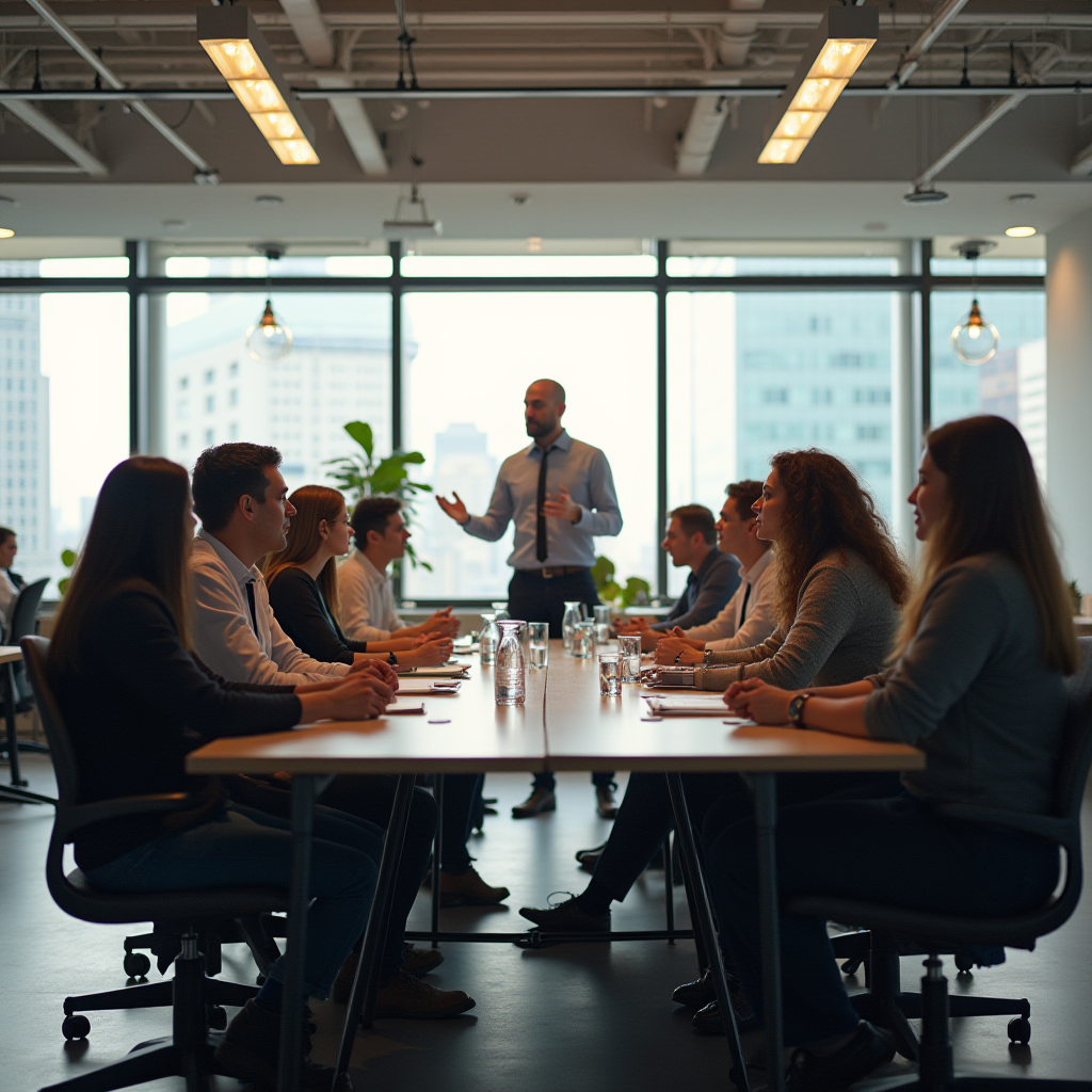 A team of business professionals engaged in a meeting with a presenter leading the discussion.