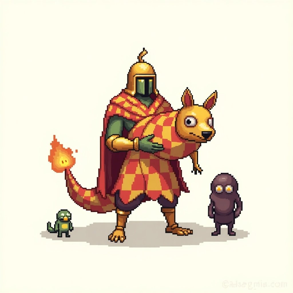 The image showcases a pixel art style featuring three characters. The main character is a humanoid figure adorned in golden armor and a vibrant checkered outfit. They hold onto a quirky creature that also has a similar checkered pattern, giving a whimsical vibe. To the side, a smaller character stands, completing the trio. The background is simple, allowing the characters to stand out prominently.