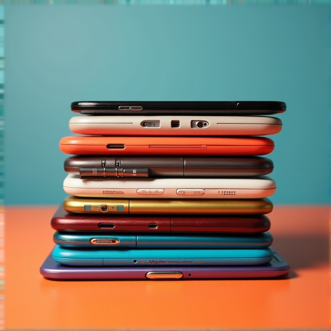 A stack of colorful smartphones arranged neatly on a vibrant orange surface.