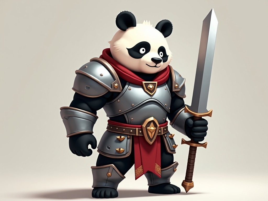 The image features a cute anthropomorphic panda dressed as a knight. The panda is wearing shiny silver armor with red accents and is confidently holding a sword. Its friendly face has the classic panda markings, making it look approachable and heroic. The background is simple and smooth, allowing the panda character to stand out. This character is designed for a playful fantasy setting, appealing to both children and adults.