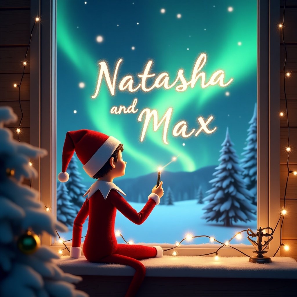 The scene depicts an elf on the shelf sitting by a window, looking out at a magical Christmas landscape. The elf has his back to the viewer, gazing up at the northern lights in the sky. He is using a magic wand to elegantly write the names 'Natasha' and 'Max' in sparkling letters. Santa Claus is visible, adding to the holiday cheer. The setting is adorned with snow-covered trees and twinkling lights, encapsulating the spirit of Christmas. The atmosphere is enchanting and festive, perfect for celebrating the season.