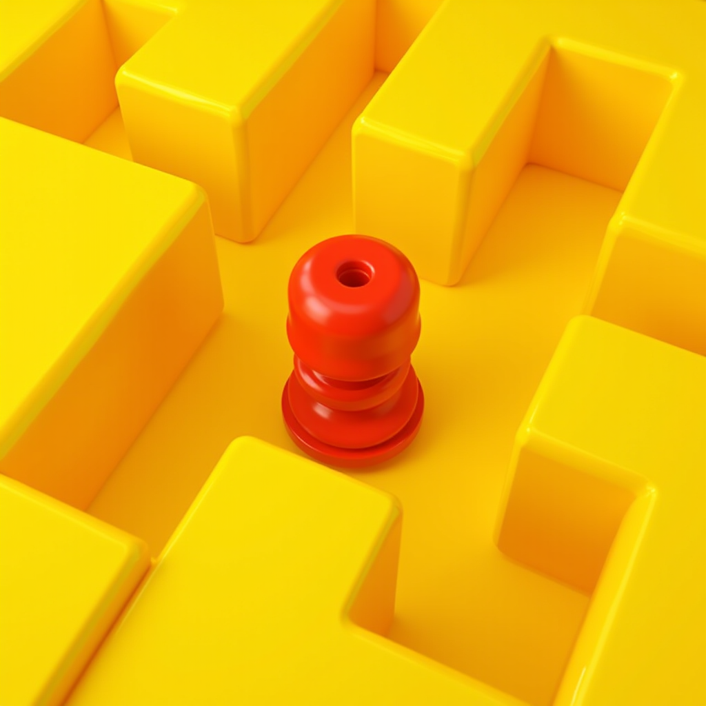 A red puzzle piece is nestled within a bright yellow maze.