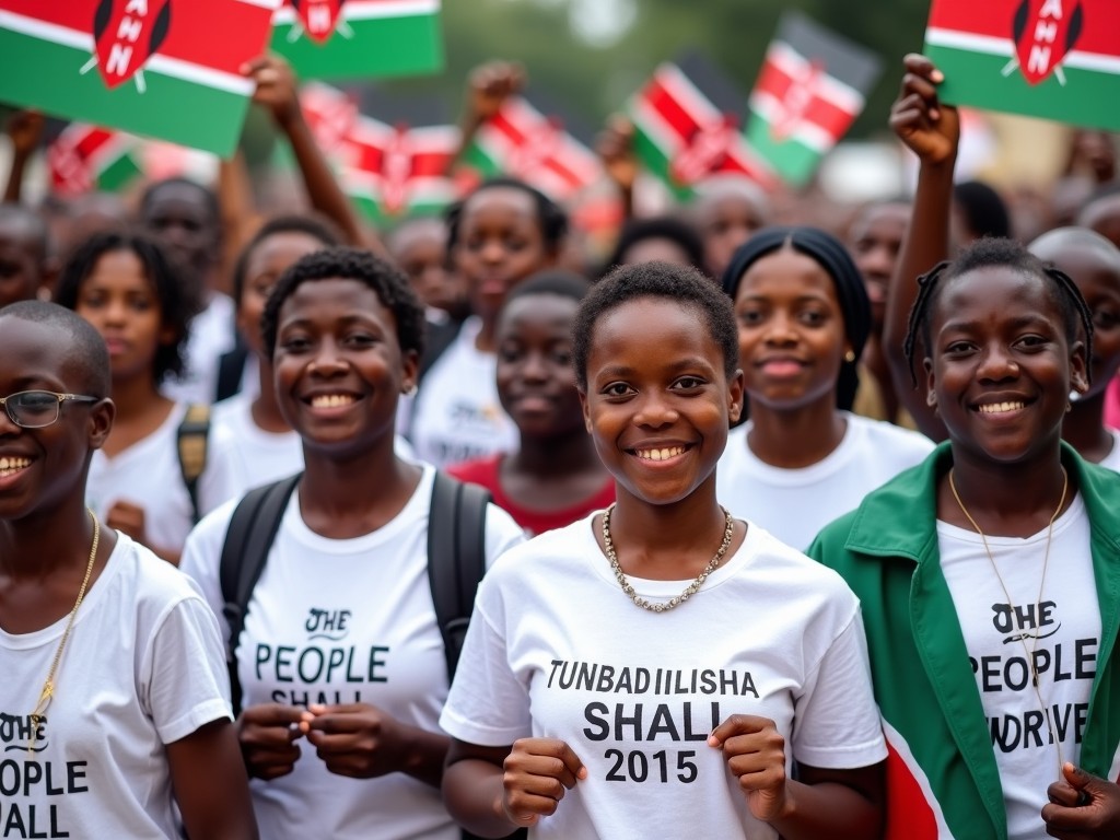 A group of young people smiling and holding Kenyan flags, wearing T-shirts with slogans at a public event.