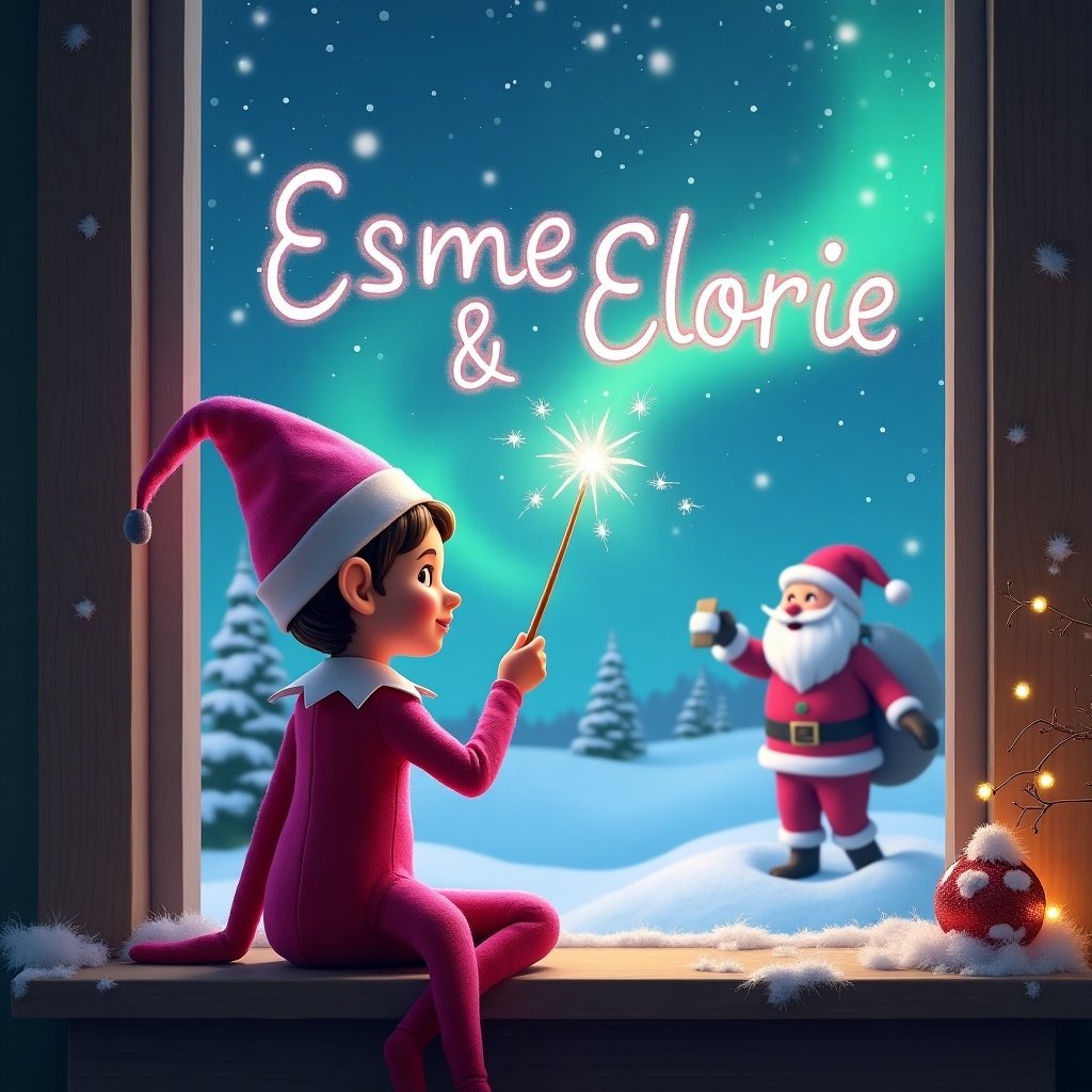 The image shows a charming pink elf on the shelf sitting with their back to the viewer. The elf is looking up at the sky, holding a wand and magically writing 'Esme & Elorie' among sparkling stars. The background features a picturesque winter landscape enriched with vibrant northern lights. In the distance, Santa Claus is cheerfully waving, adding to the festive atmosphere. The scene is cozy and enchanting, making it perfect for holiday celebrations.