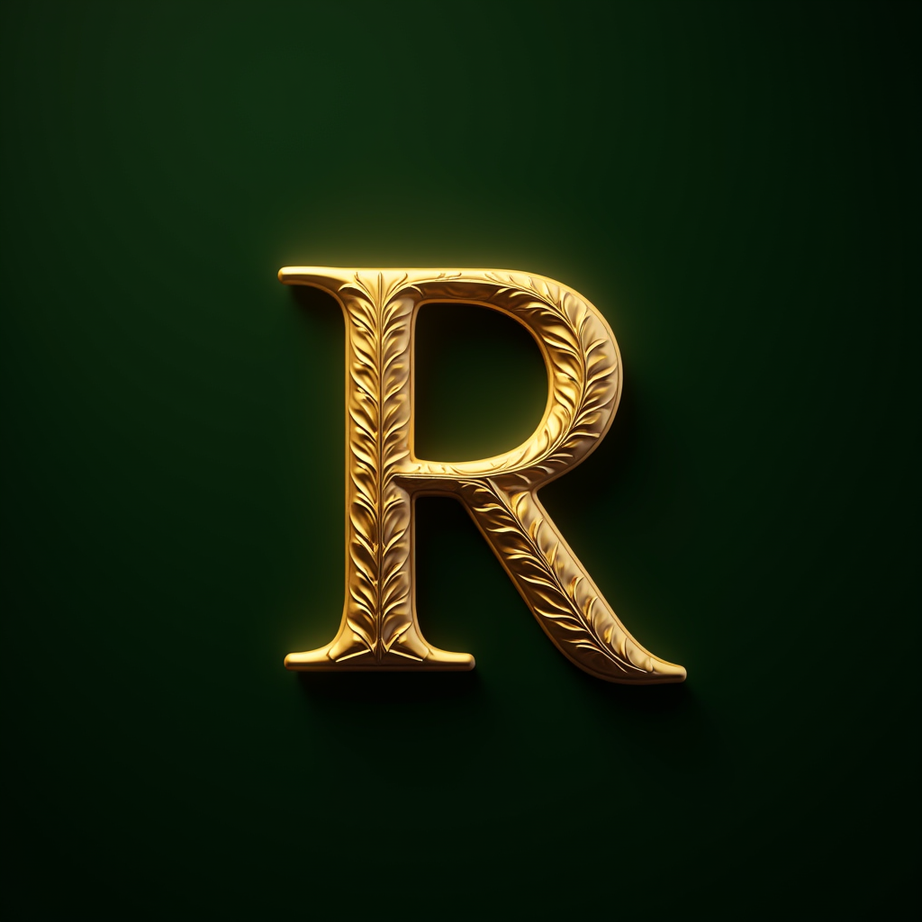 A golden letter 'R' with intricate leaf designs on a dark green background.