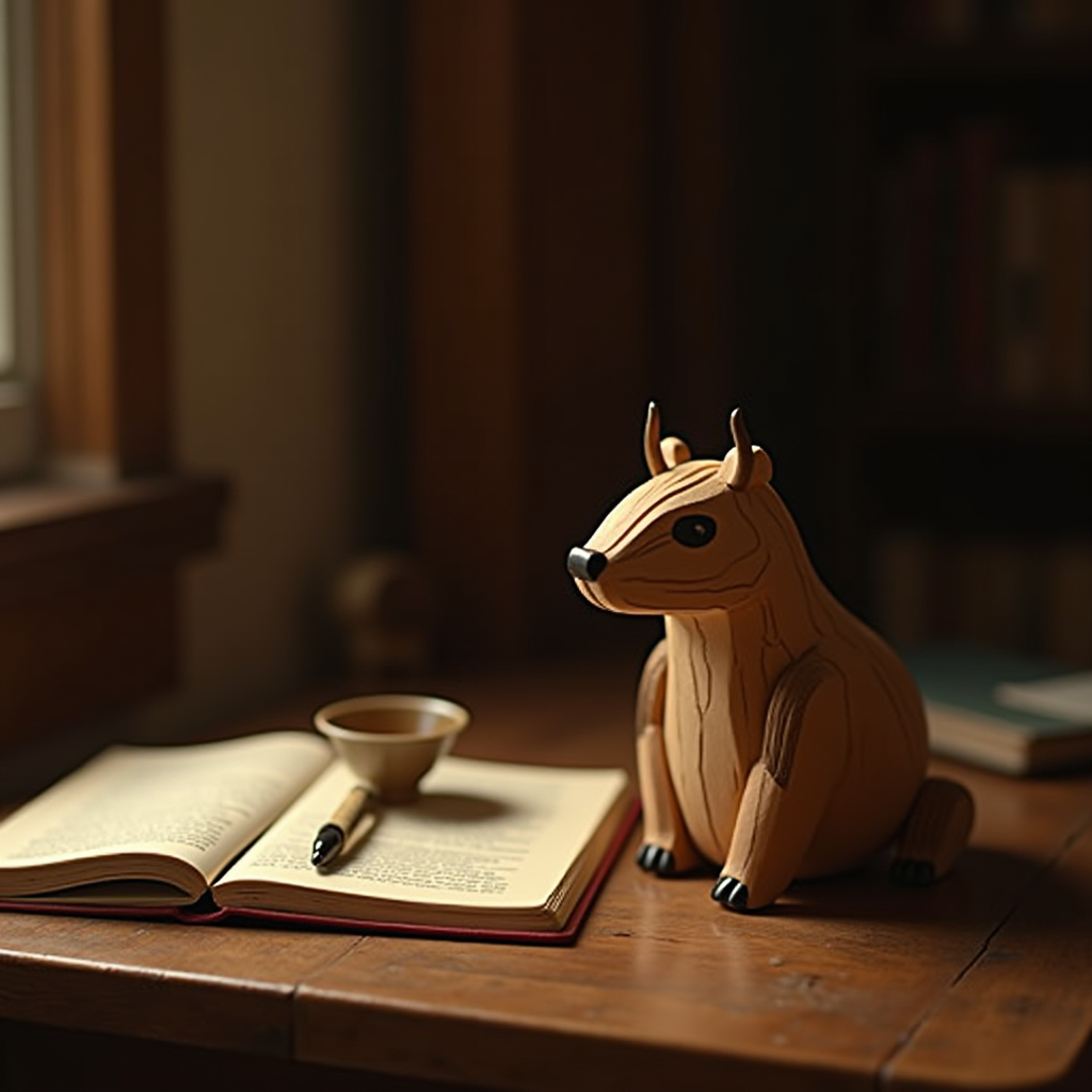 A wooden figurine of an animal sits next to an open book and a pen on a wooden table, illuminated by soft natural light from a nearby window.