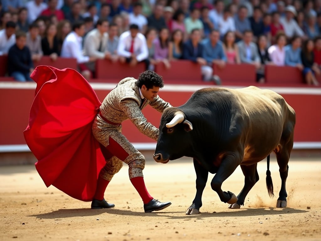 The image captures a dramatic moment in a bullfighting arena. A matador, dressed in a traditional outfit with a flowing red cape, is engaged in a tense encounter with a bull. The bull appears strong and aggressive, while the matador shows skill and composure. Spectators in the background represent the cultural significance of this event. The dirt arena showcases the intensity of the sport. Colorful costumes and the red cape add vibrancy to the scene, making it visually striking.