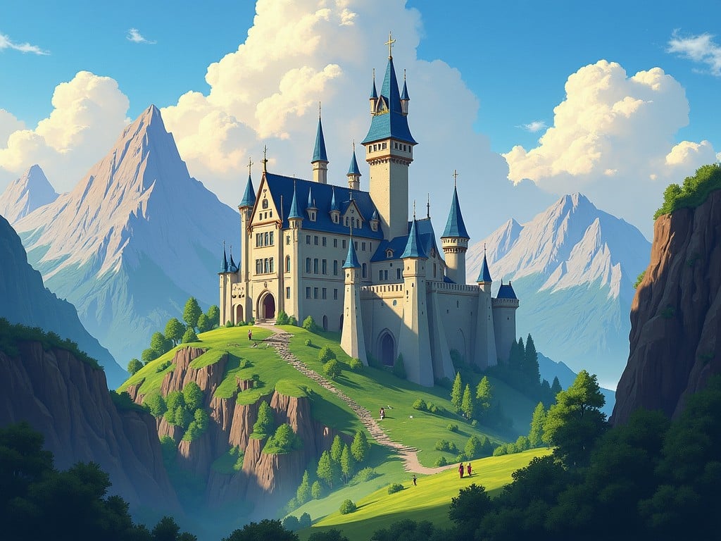 The image features a stunning castle perched atop a lush green hill, surrounded by majestic mountains. The castle has tall spires and intricate architectural details, conveying a sense of fantasy and adventure. The sky is bright blue with fluffy white clouds, enhancing the idyllic setting. A winding path leads towards the castle, with small figures walking along it, adding a sense of scale. This scene evokes a magical and enchanting atmosphere, inviting viewers into a fairy tale world.