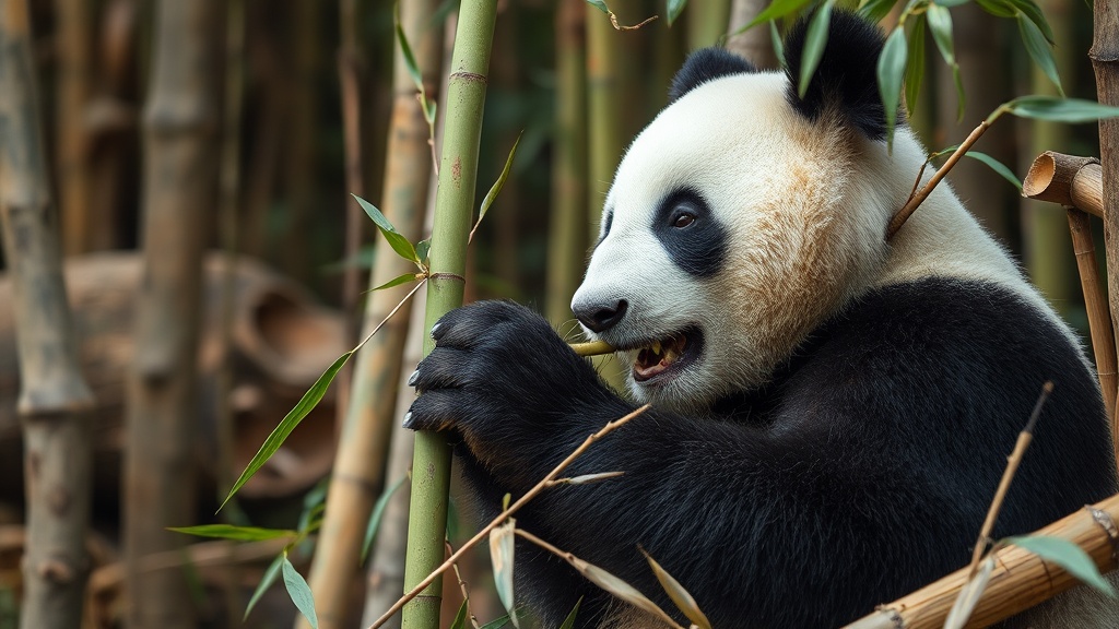 A giant panda joyfully eats bamboo surrounded by a lush forest.