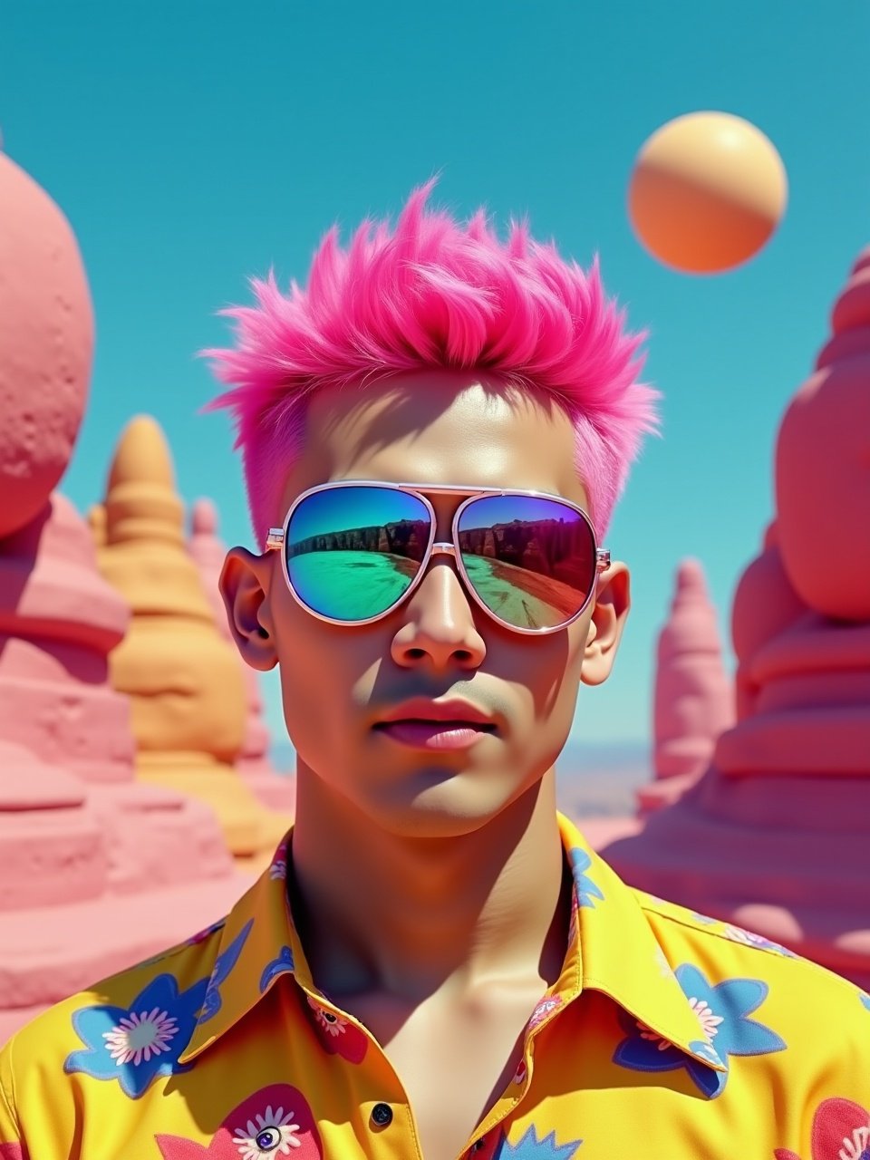 A person with striking pink hair and reflective sunglasses stands confidently in a surreal, colorful landscape. The background is composed of pink and orange abstract rock formations, with a bright blue sky and a floating orb adding to the dreamlike atmosphere. The individual wears a bold, floral-patterned yellow shirt that complements the vibrant surroundings.