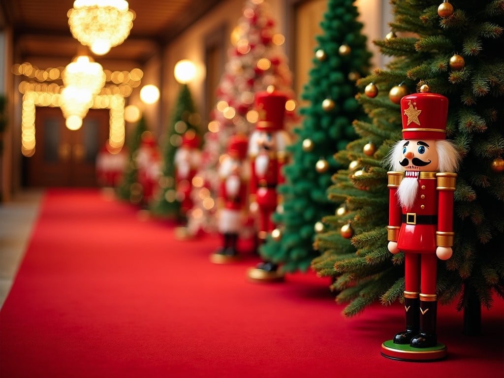 The image captures a festive scene featuring colorful Christmas trees lined up along a vibrant red carpet. The background is adorned with sparkling holiday lights, enhancing the cheerful atmosphere. This setting is perfect for a holiday event or celebration, evoking feelings of joy and nostalgia. The nutcrackers, dressed in traditional military attire, add a charming and whimsical touch. Overall, the composition signifies a special holiday moment, inviting viewers to partake in the seasonal festivities.