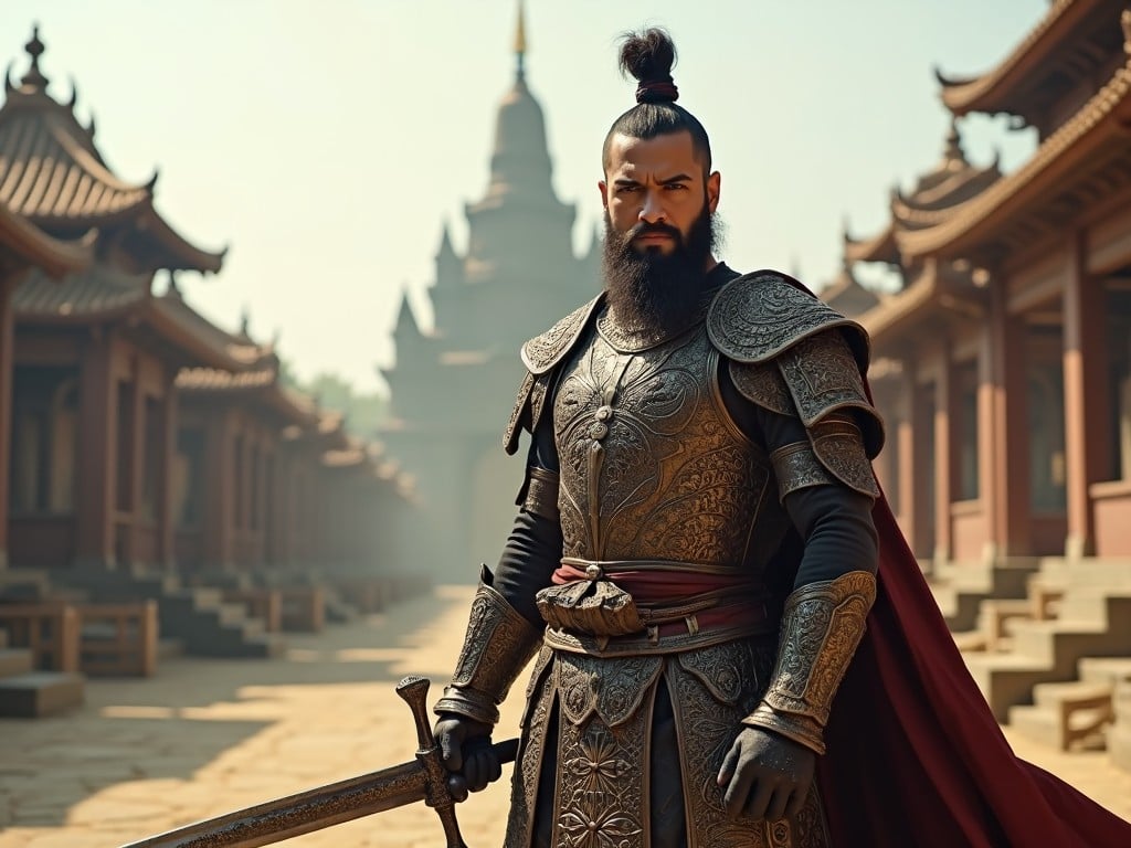 The image shows an ancient warrior standing confidently in a historic city filled with temples. He is adorned in traditional armor that features intricate designs, reflecting a rich cultural heritage. The warrior holds a beautifully crafted sword, pointing slightly downwards. His expression is serious, conveying strength and determination as he faces the camera. The backdrop includes temple structures, giving a sense of space and history. The atmosphere is serene yet powerful, indicative of an epic tale or battle.