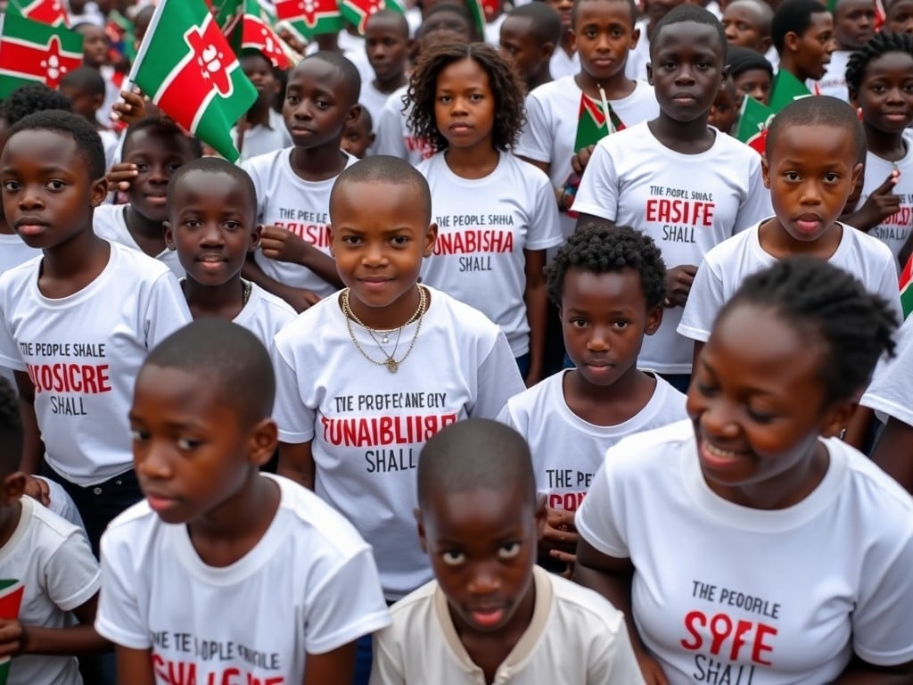 A joyful group of African children wearing white shirts in a parade, waving flags, celebrating cultural unity in a vibrant outdoor setting.