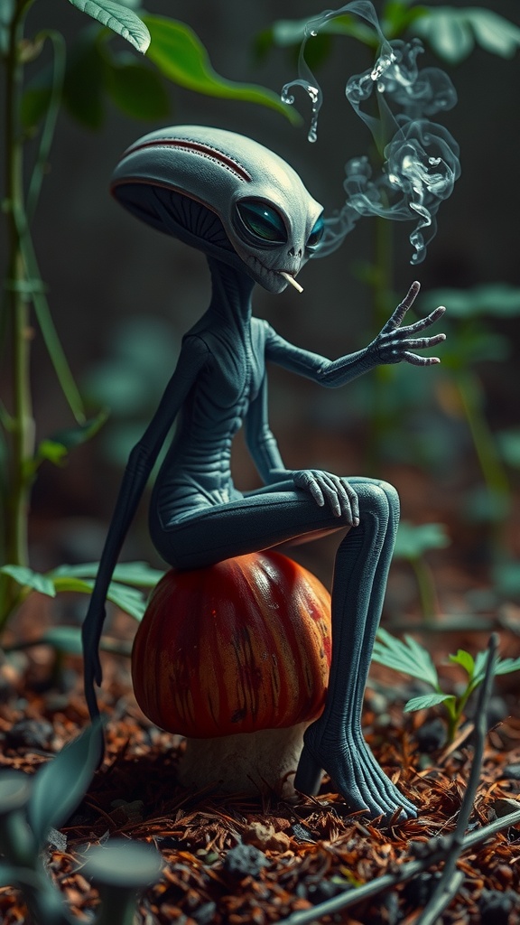 A whimsical alien creature is depicted sitting atop a vibrant red mushroom in a forest setting. The alien's elongated limbs and smooth skin are highlighted under the soft, filtered sunlight. Delicately, it holds a cigarette, from which swirls of smoke ascend gracefully into the air, adding an element of surreal charm to the scene.